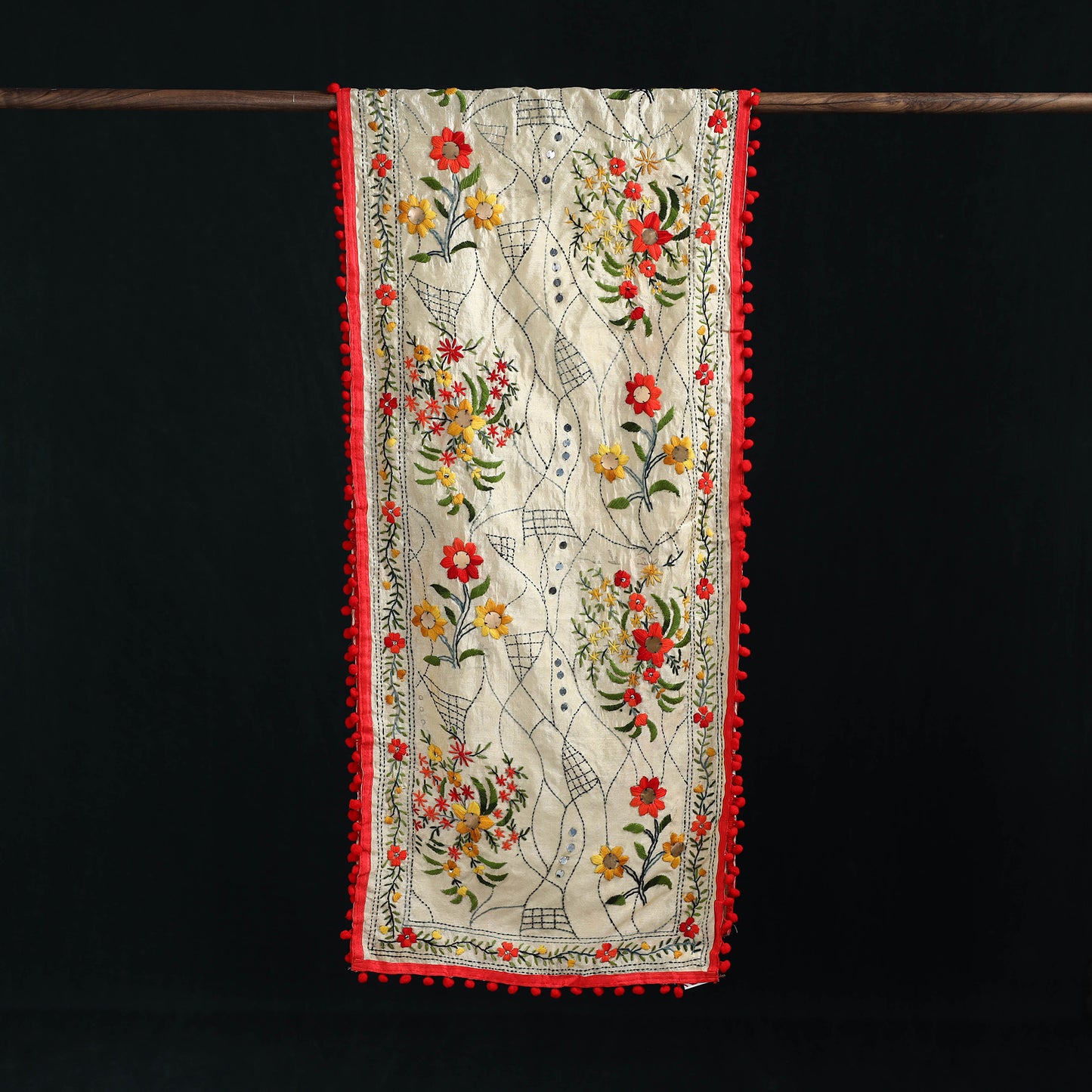 Ranihati Chanderi Silk Hand Embroidered Stole with Pom Pom 200