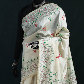 White - Bengal Hand Embroidery Silk Nakshi Kantha Saree 07