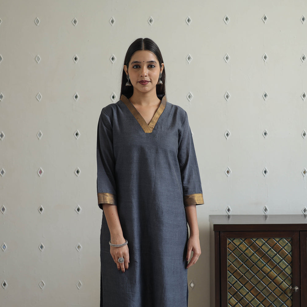 Grey - Jannat Dark Gray Mangalagiri Cotton Kurta