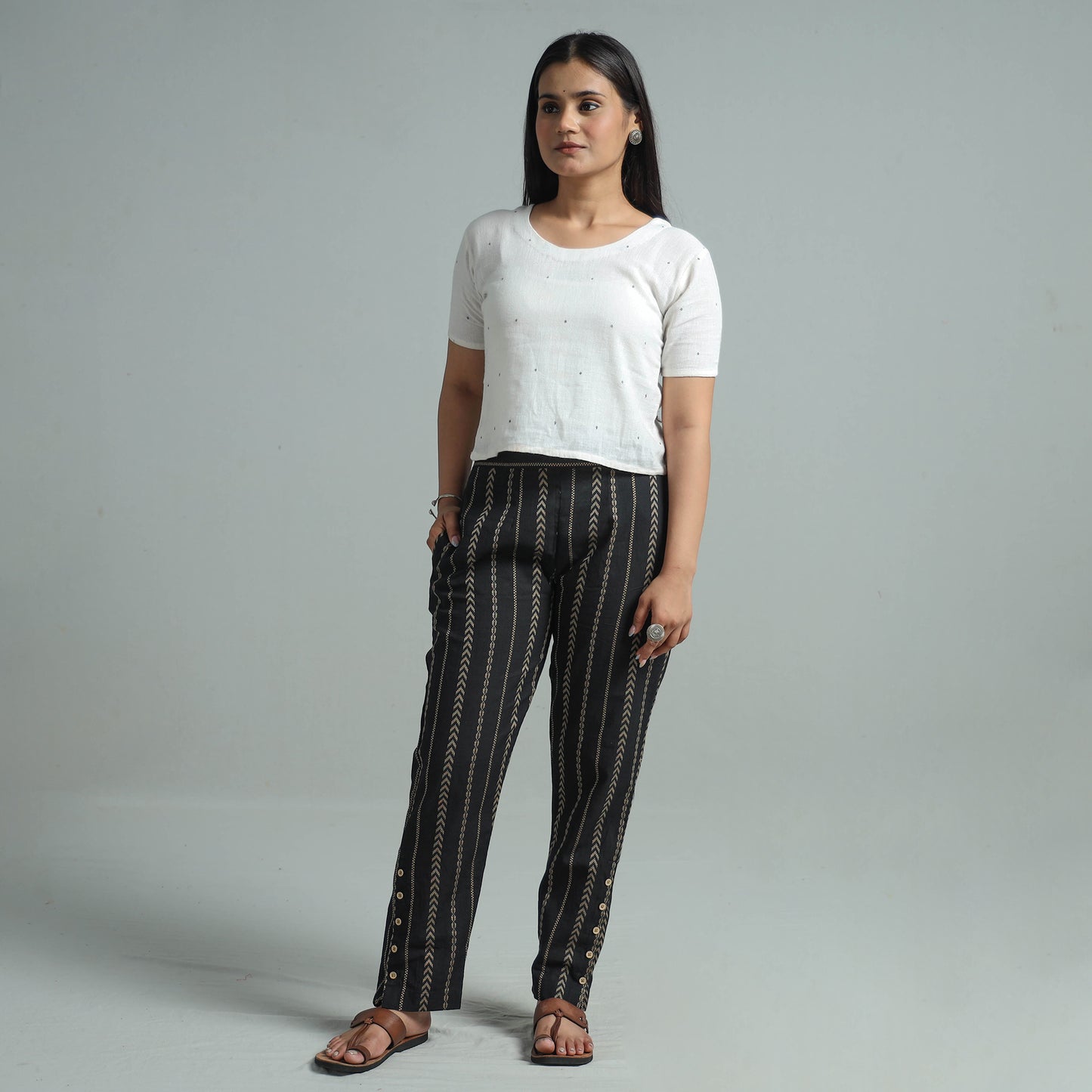 Black - Jacquard Weave Cotton Elasticated Pant 08