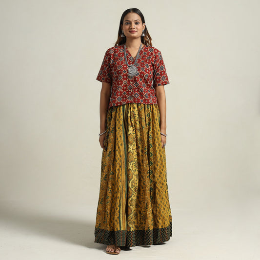 Yellow - Ajrakh Block Printed 24 Kali Patchwork Cotton Long Skirt 74