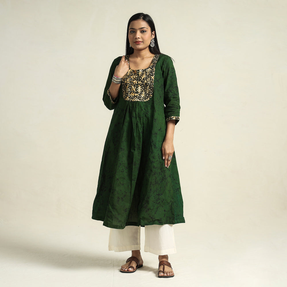 Dark Green - Kutch Batik Printed Cotton A-Line Kurta