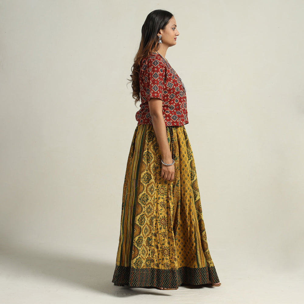 Yellow - Ajrakh Block Printed 24 Kali Patchwork Cotton Long Skirt 74