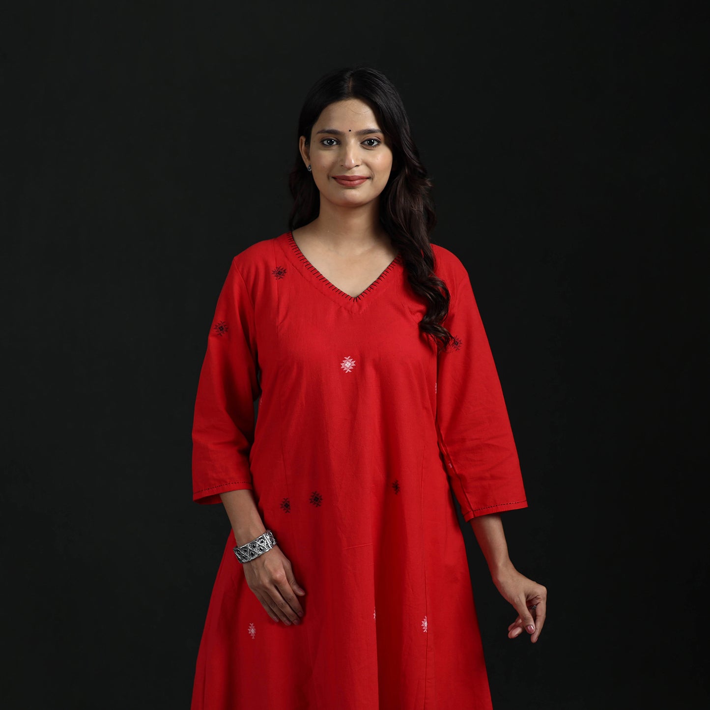 Hand Embroidered Jacquard Cotton A-Line Long Kurta for Women 02