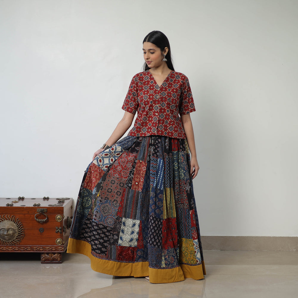 24 Kali Patchwork Block Printed Cotton Ajrakh Skirt 45