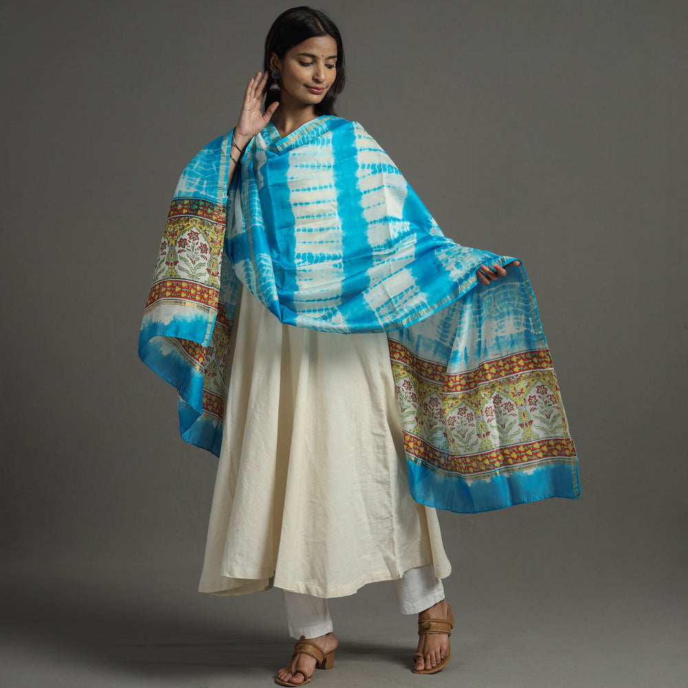 Blue - Shibori Tie-Dye Chanderi Silk Dupatta with Zari Border 105