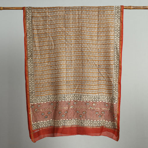 Brown - Bagru Kalamkari Block Printed Chanderi Silk Dupatta with Zari Border 137