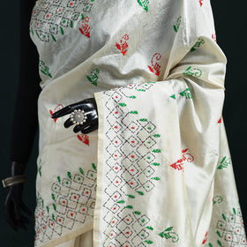 White - Bengal Hand Embroidery Silk Nakshi Kantha Saree 07