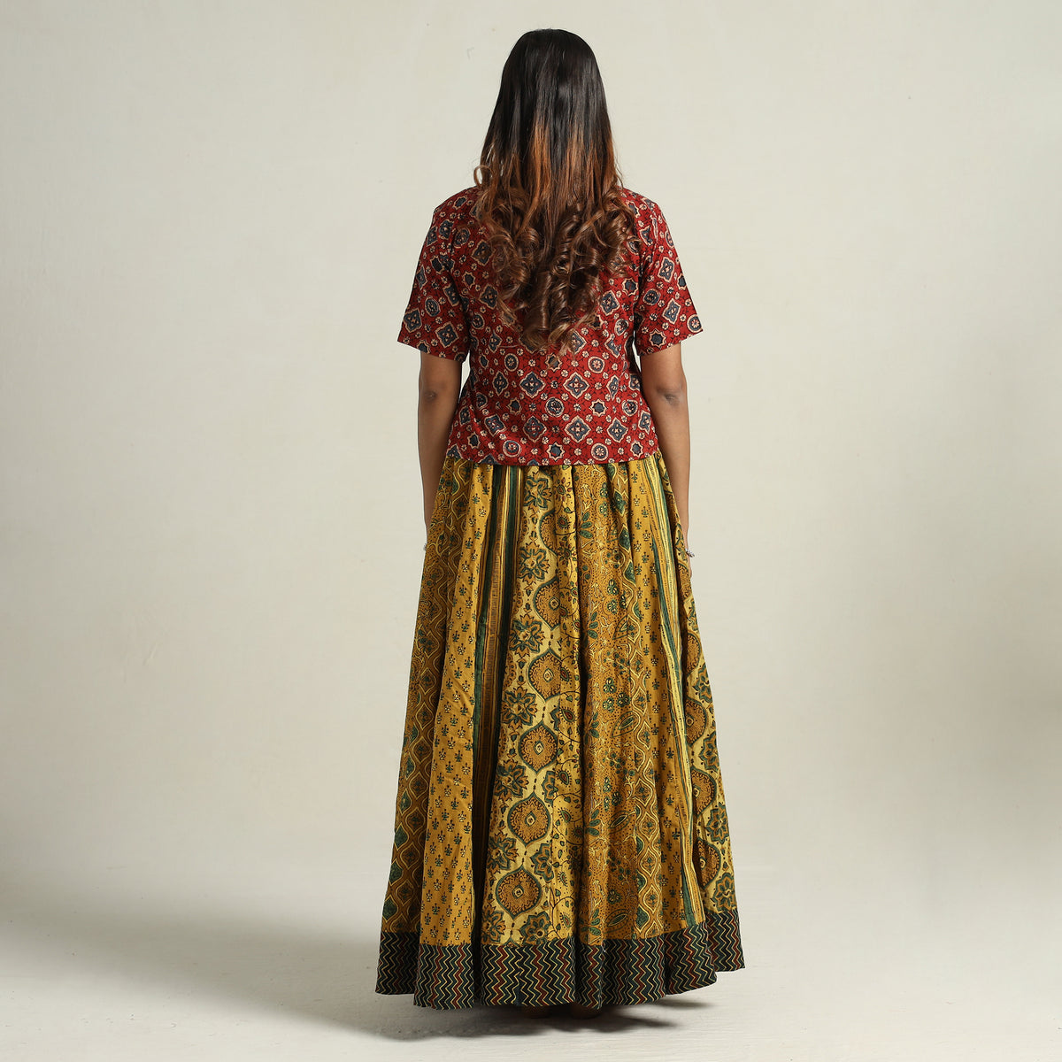 Yellow - Ajrakh Block Printed 24 Kali Patchwork Cotton Long Skirt 74