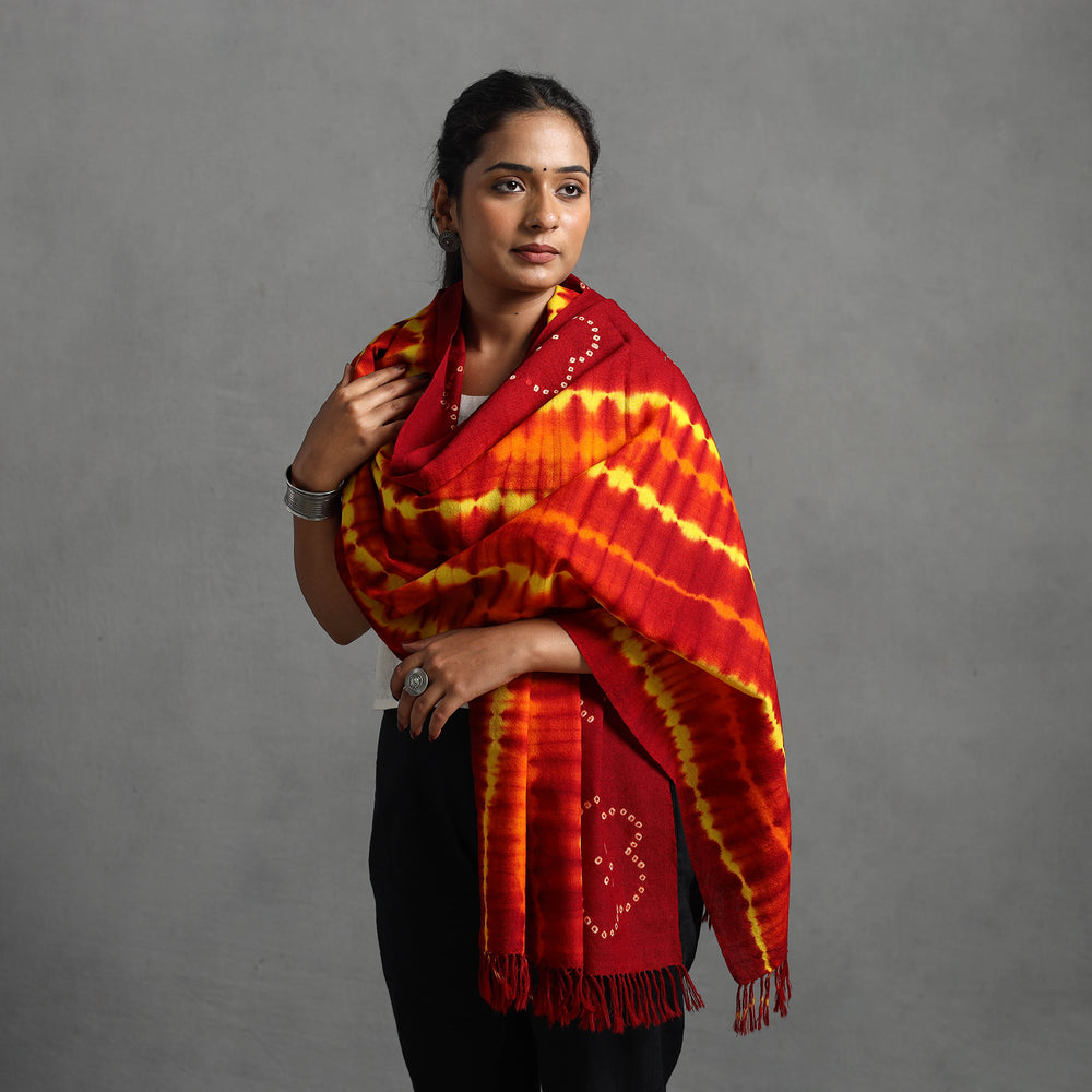 Red - Kutch Handwoven Bandhani & Shibori Woolen Stole 28