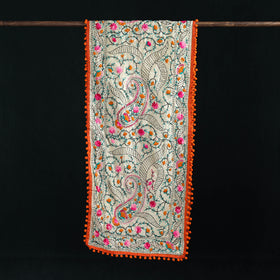 Beige - Ranihati Chanderi Silk Hand Embroidered Stole with Pom Pom 198