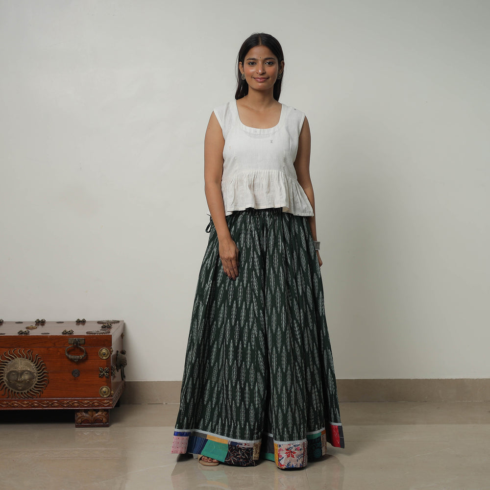 Green - 24 Kali Cotton Pochampally Ikat Skirt with Border 24