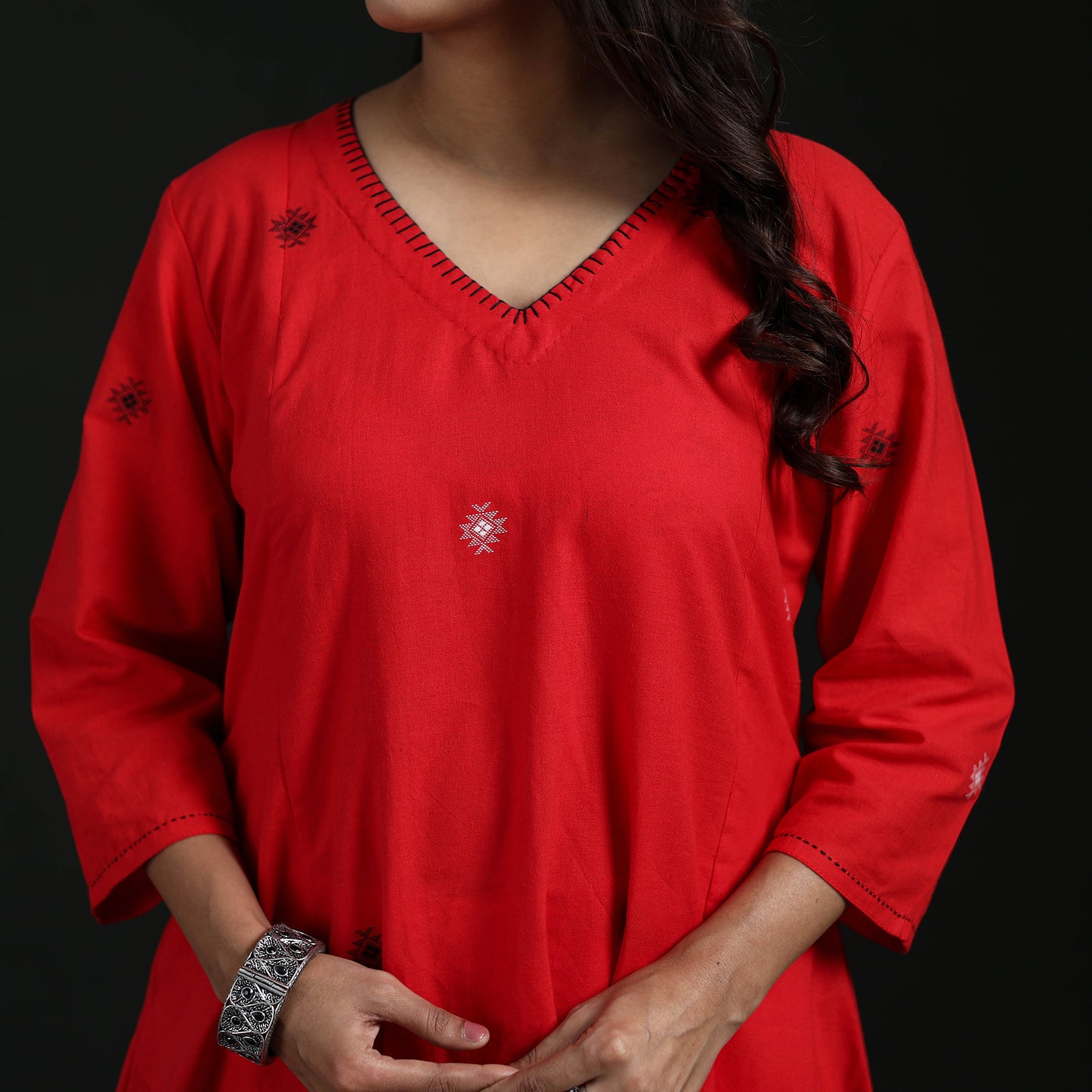 Hand Embroidered Jacquard Cotton A-Line Long Kurta for Women 02