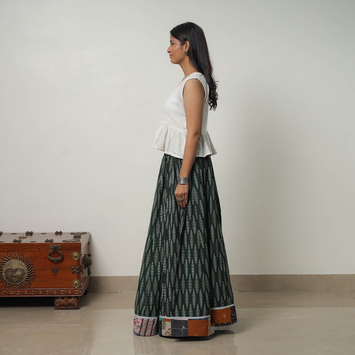 Green - 24 Kali Cotton Pochampally Ikat Skirt with Border 24