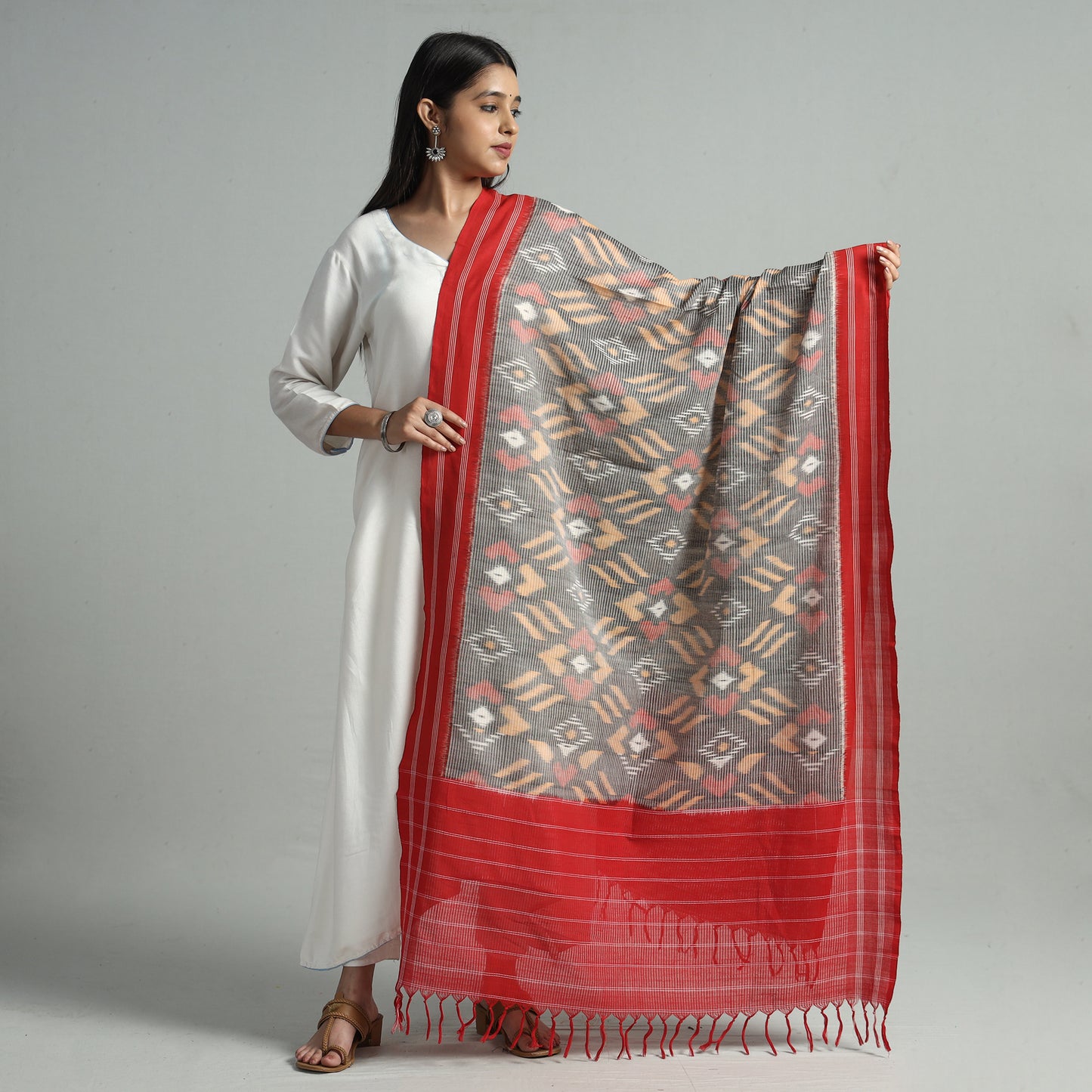 Grey - Pochampally Missing Ikat Weave Cotton Handloom Dupatta 46