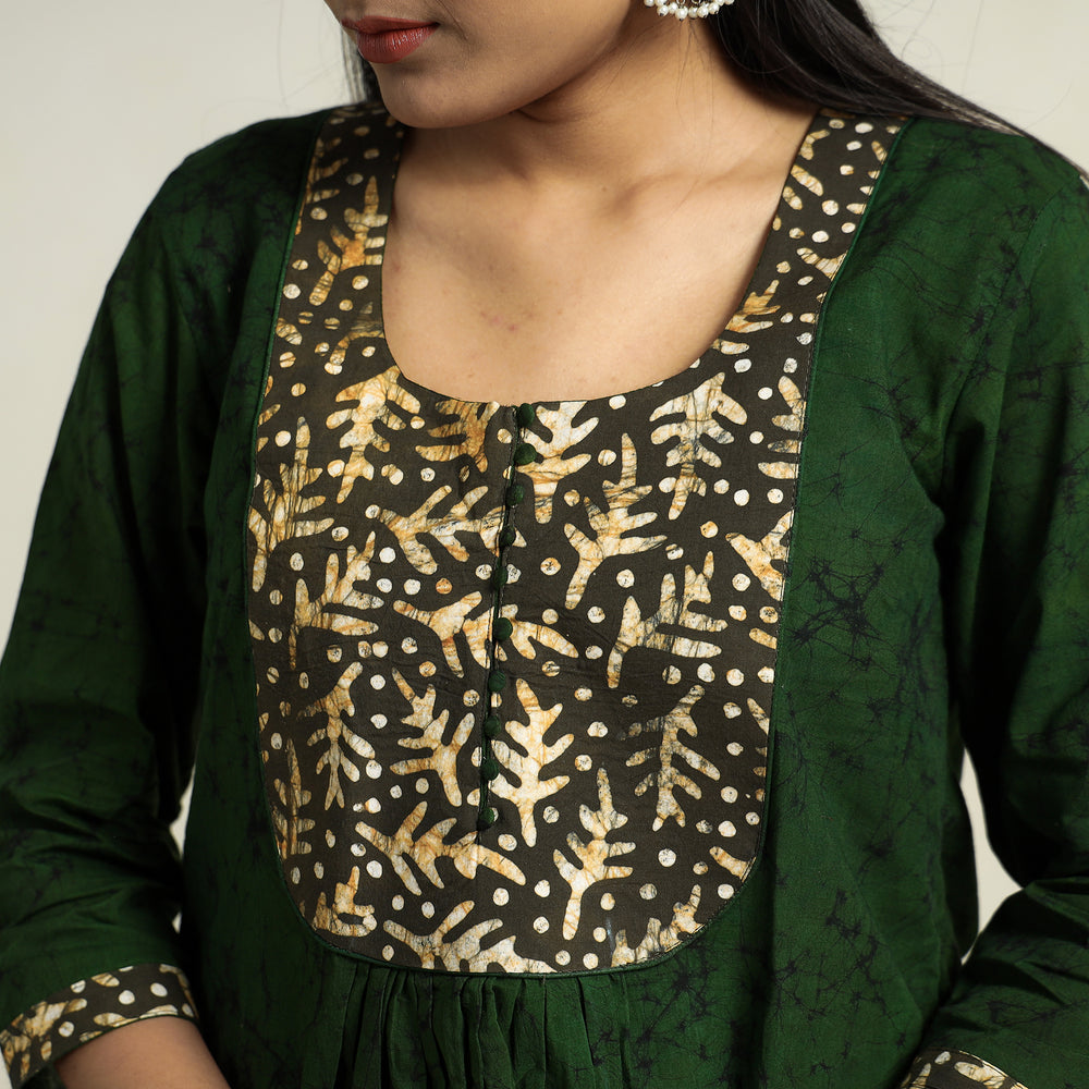 Dark Green - Kutch Batik Printed Cotton A-Line Kurta