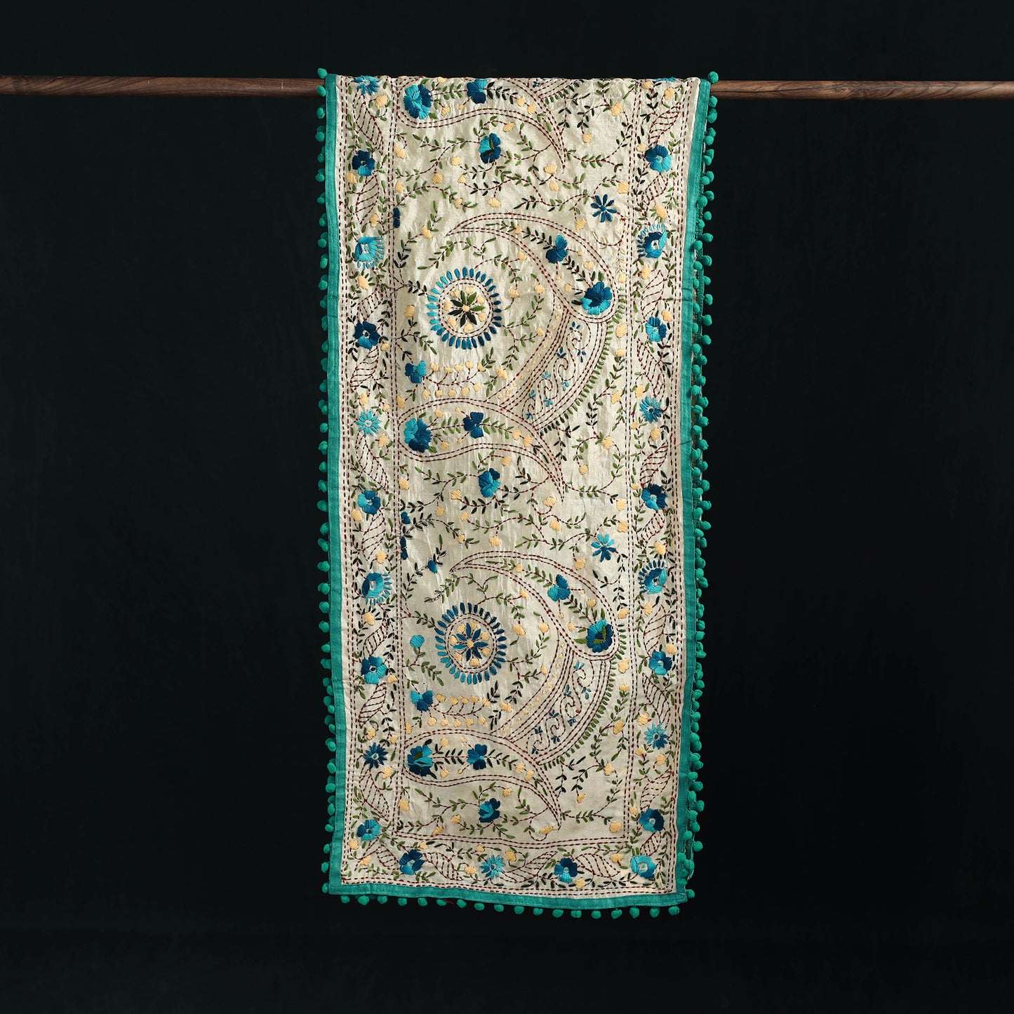 Ranihati Chanderi Silk Hand Embroidered Stole with Pom Pom 197