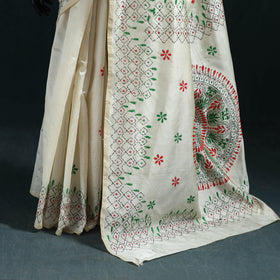 White - Bengal Hand Embroidery Silk Nakshi Kantha Saree 07