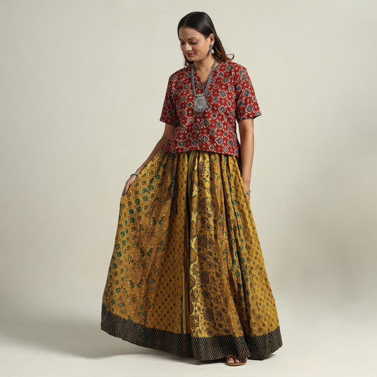 Yellow - Ajrakh Block Printed 24 Kali Patchwork Cotton Long Skirt 74