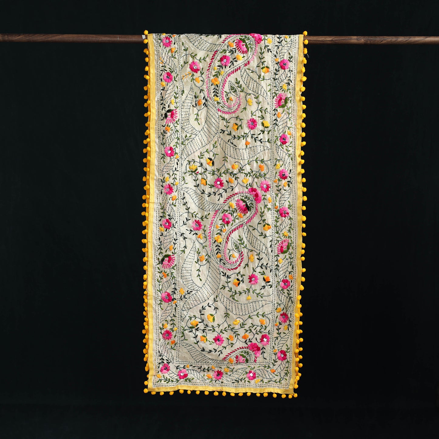 Ranihati Chanderi Silk Hand Embroidered Stole with Pom Pom 196
