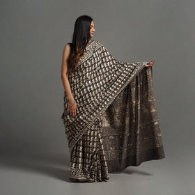 Buy Brown Natural Dyed Block Print Cotton Pipad Saree