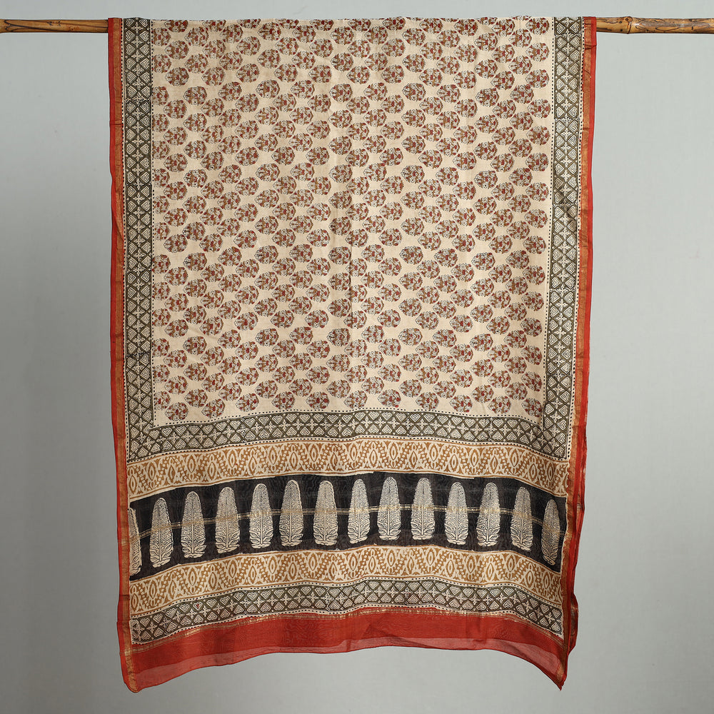 Beige - Bagru Kalamkari Block Printed Chanderi Silk Dupatta with Zari Border 140