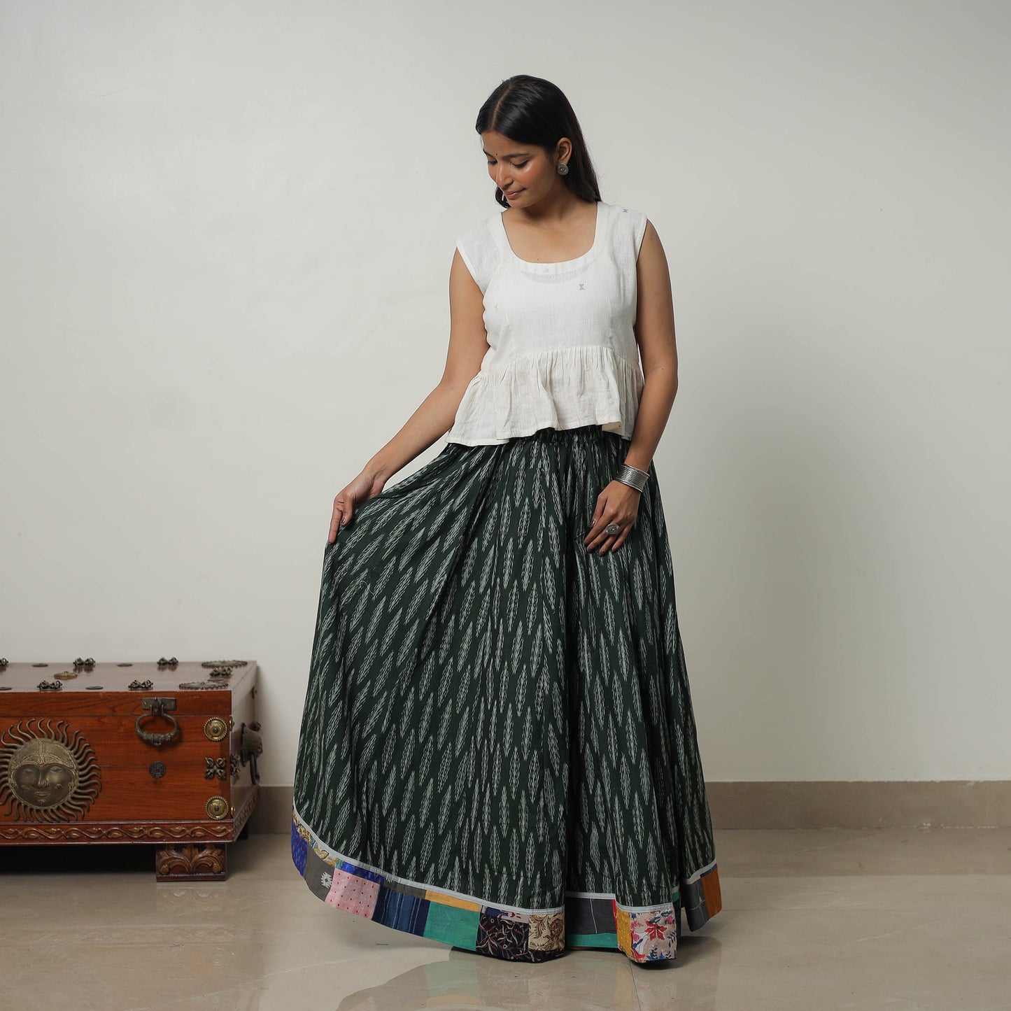 Green - 24 Kali Cotton Pochampally Ikat Skirt with Border 24