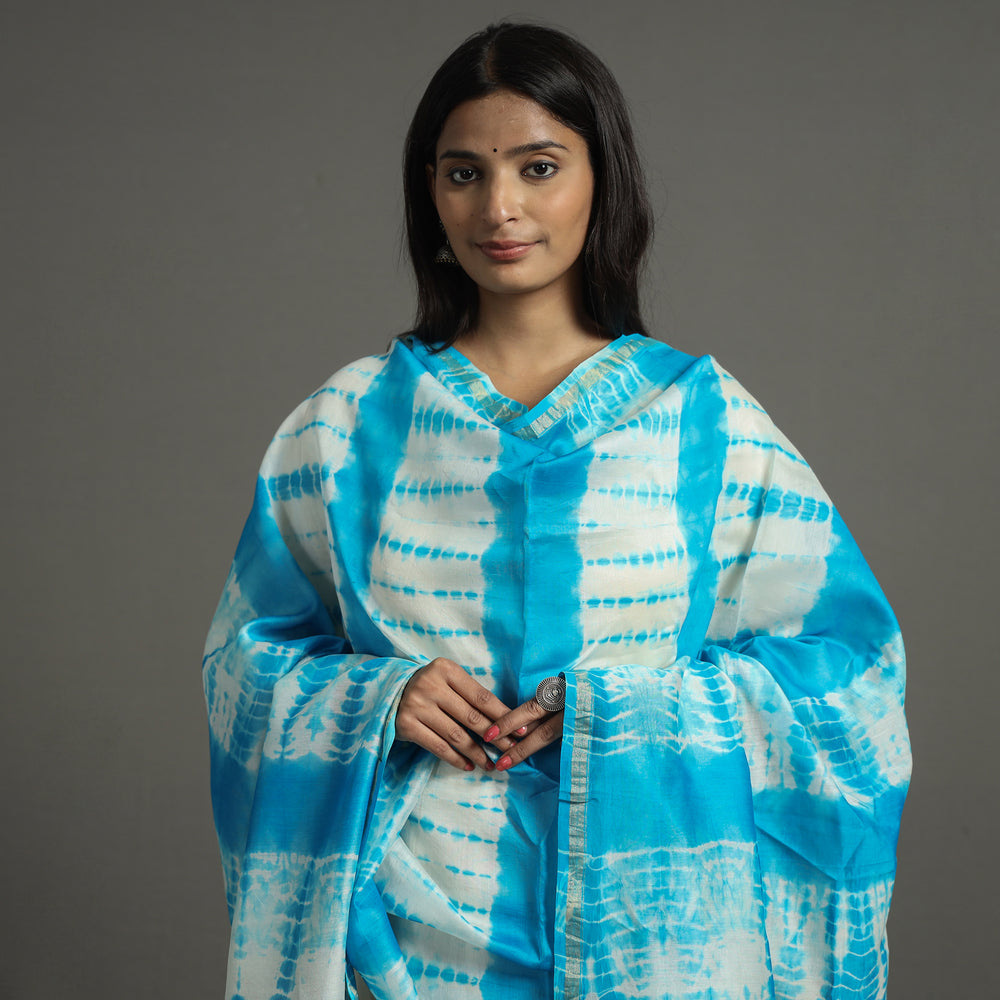 Blue - Shibori Tie-Dye Chanderi Silk Dupatta with Zari Border 105