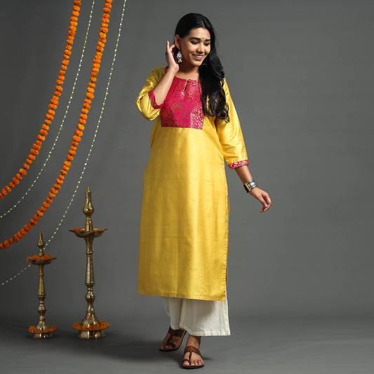 Yellow - Plain Tussar Silk Handloom Banarasi Patchwork Straight Kurta