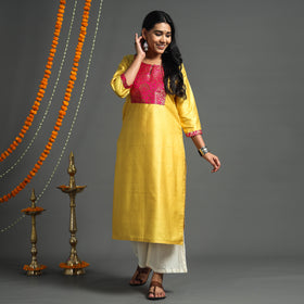  Yellow - Plain Tussar Silk Handloom Banarasi Patchwork Straight Kurta 