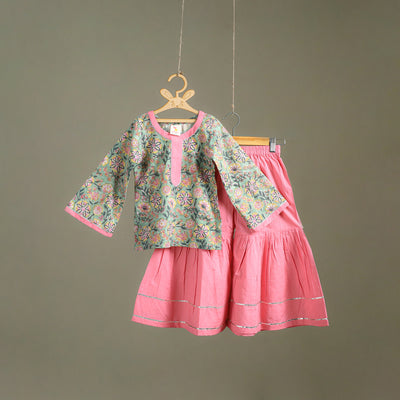 Girls Gota Work Floral Block Print Cotton Kurta with Sharara Set (3-4 Years) 24