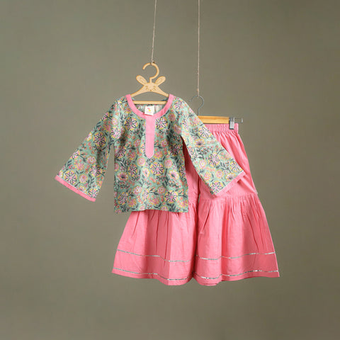 Girls Gota Work Floral Block Print Cotton Kurta with Sharara Set (3-4 Years) 24
