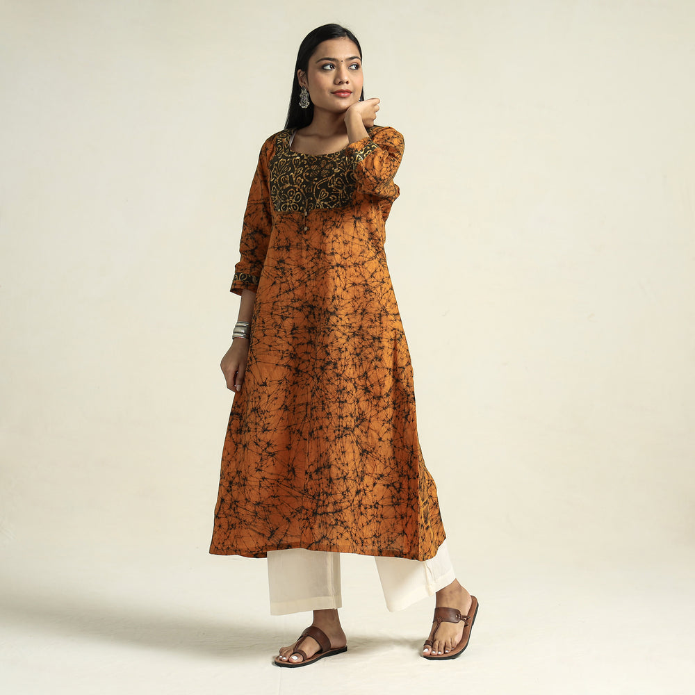 Orange - Kutch Batik Printed Cotton A-Line Kurta