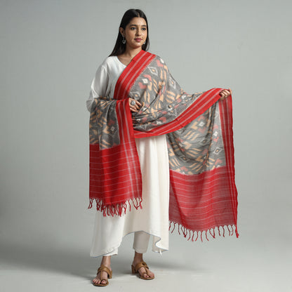 Grey - Pochampally Missing Ikat Weave Cotton Handloom Dupatta 46