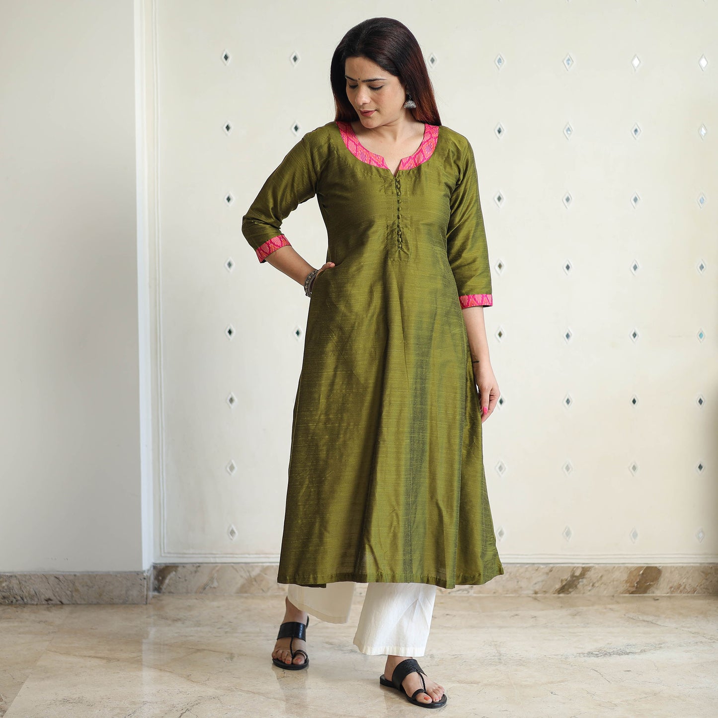 Mehndi Green - Plain Solid Slub Silk Long A-Line Kurta 35