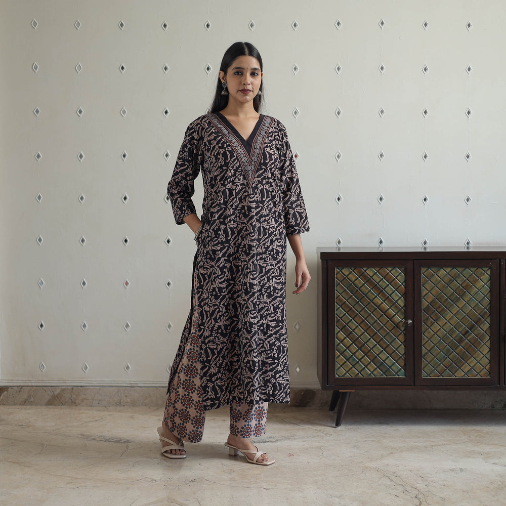 Black - Block Printed Cotton Ajrakh Kurta Set 03