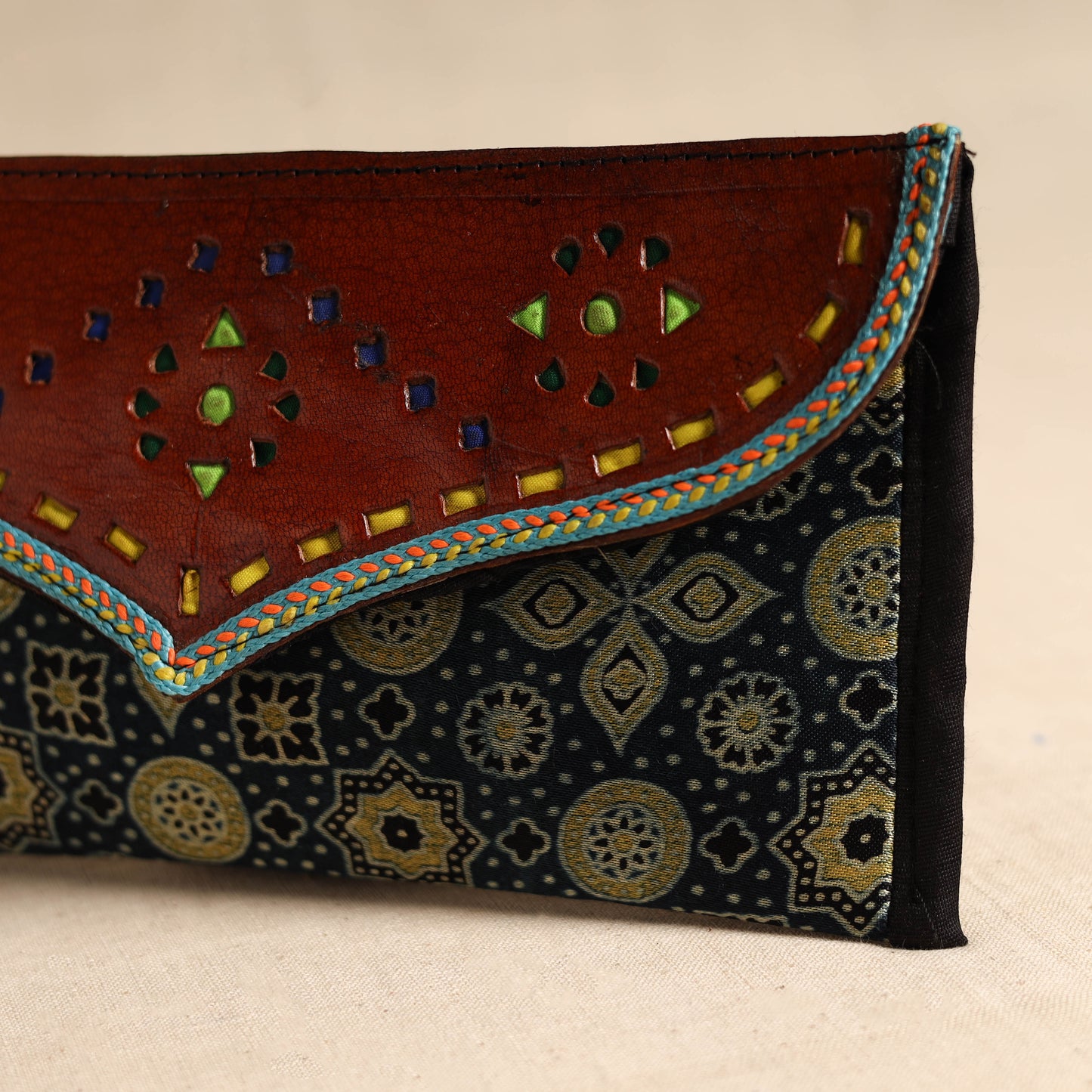 Traditional Kutch Mashru Silk Leather Flap Clutch / Wallet 110