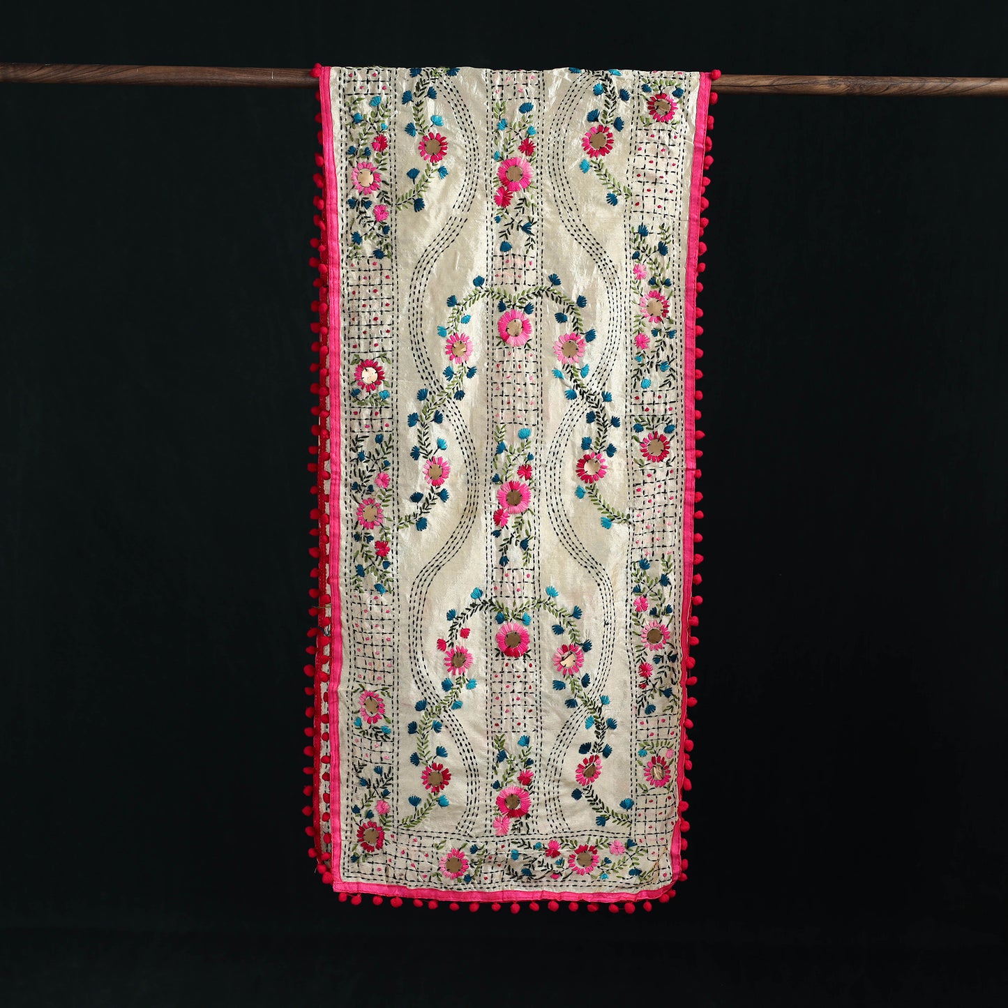 Ranihati Chanderi Silk Hand Embroidered Stole with Pom Pom 195