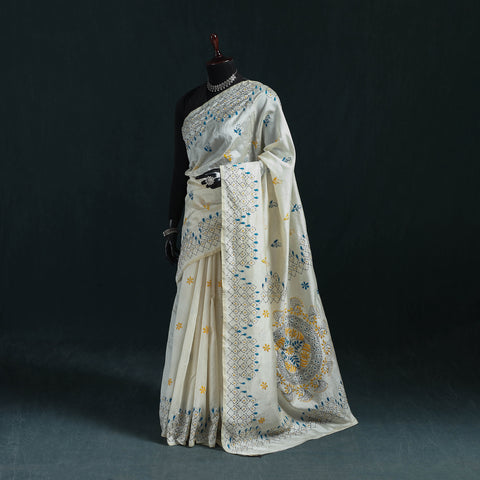White - Bengal Hand Embroidery Silk Nakshi Kantha Saree 08