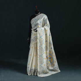 White - Bengal Hand Embroidery Silk Nakshi Kantha Saree 08
