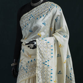 White - Bengal Hand Embroidery Silk Nakshi Kantha Saree 08