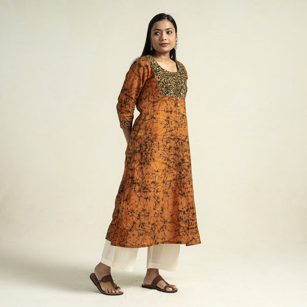 Orange - Kutch Batik Printed Cotton A-Line Kurta