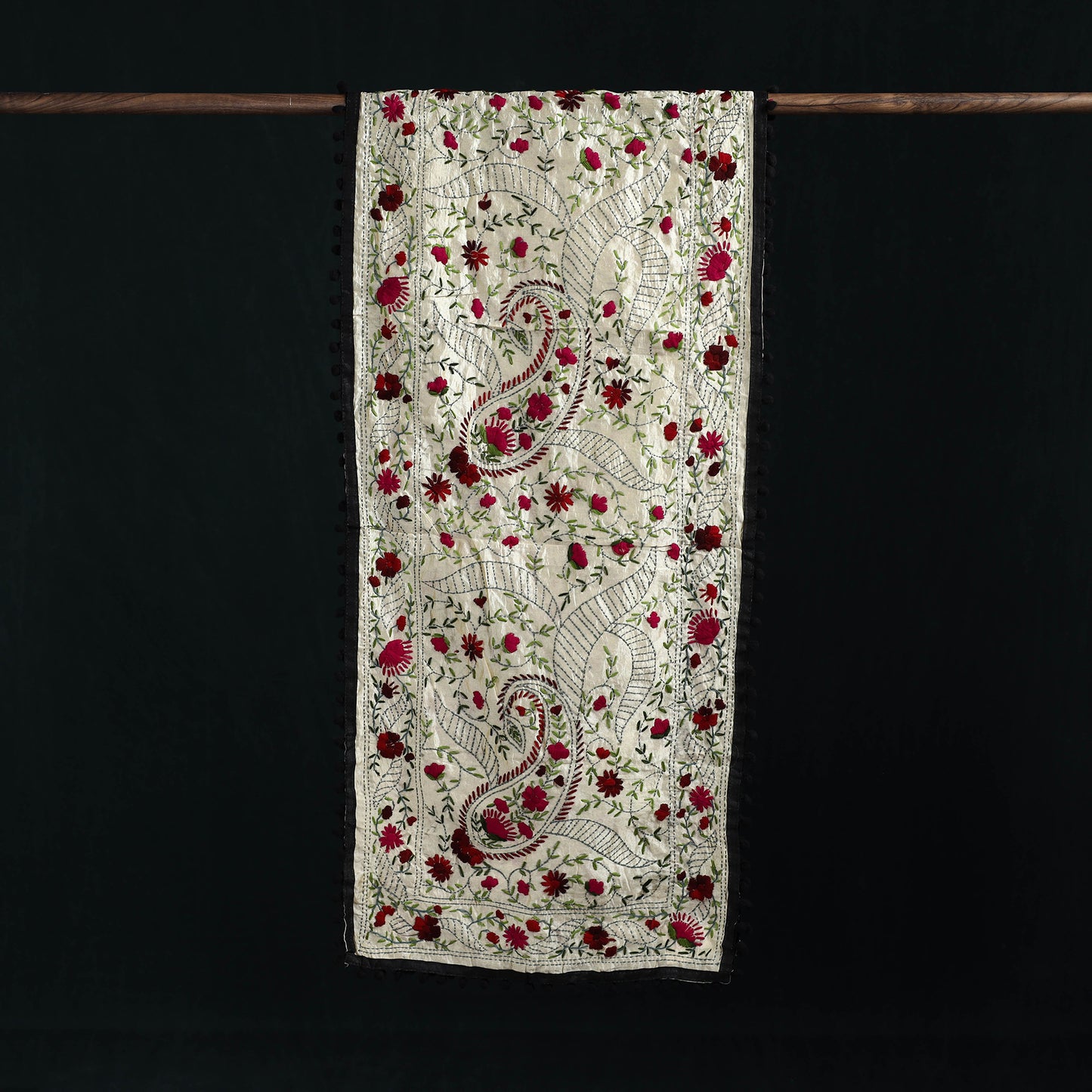 Ranihati Chanderi Silk Hand Embroidered Stole with Pom Pom 194