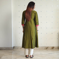 Mehndi Green - Plain Solid Slub Silk Long A-Line Kurta 35