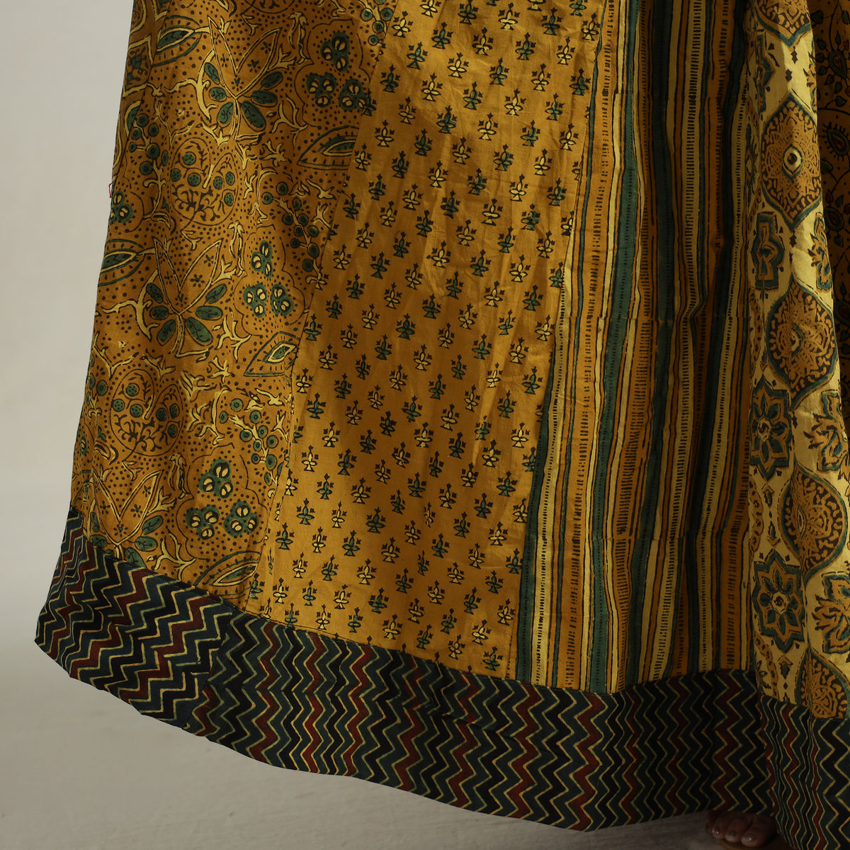 Yellow - Ajrakh Block Printed 24 Kali Patchwork Cotton Long Skirt 74