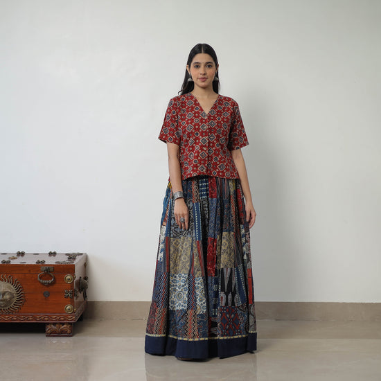 Multicolor - 24 Kali Patchwork Block Printed Cotton Ajrakh Skirt 55