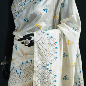 White - Bengal Hand Embroidery Silk Nakshi Kantha Saree 08