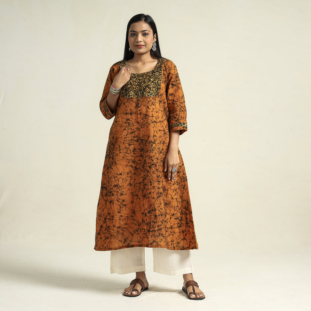 Orange - Kutch Batik Printed Cotton A-Line Kurta