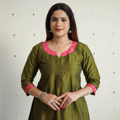 Mehndi Green - Plain Solid Slub Silk Long A-Line Kurta 35