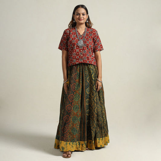 Green - Ajrakh Block Printed 24 Kali Patchwork Cotton Long Skirt 75